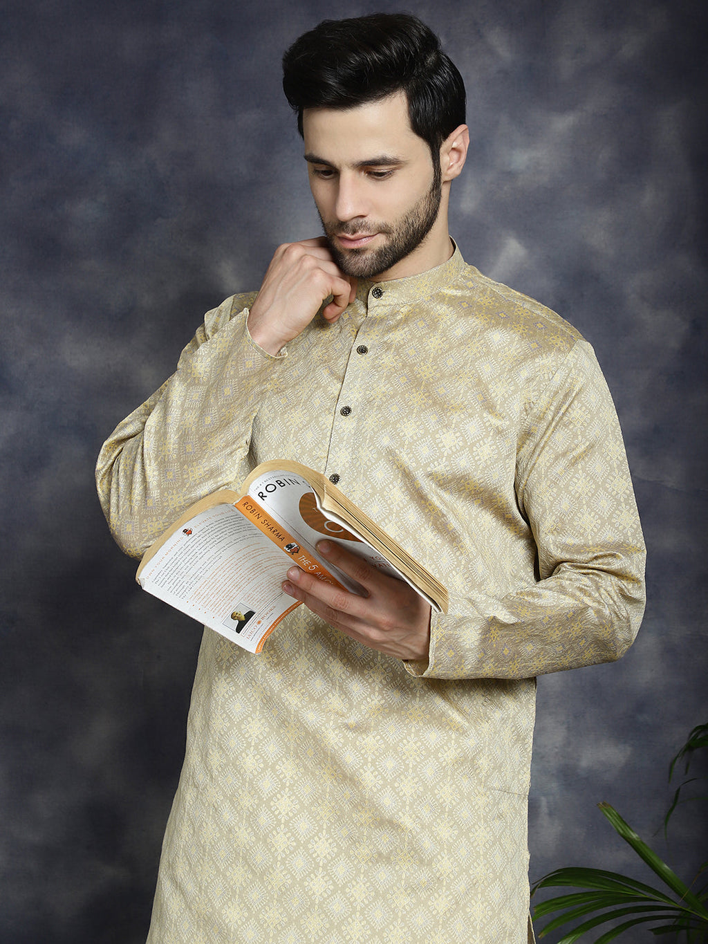 Jompers Men's Beige Woven Design Kurta with Pyjama - Beige | Grocsy
