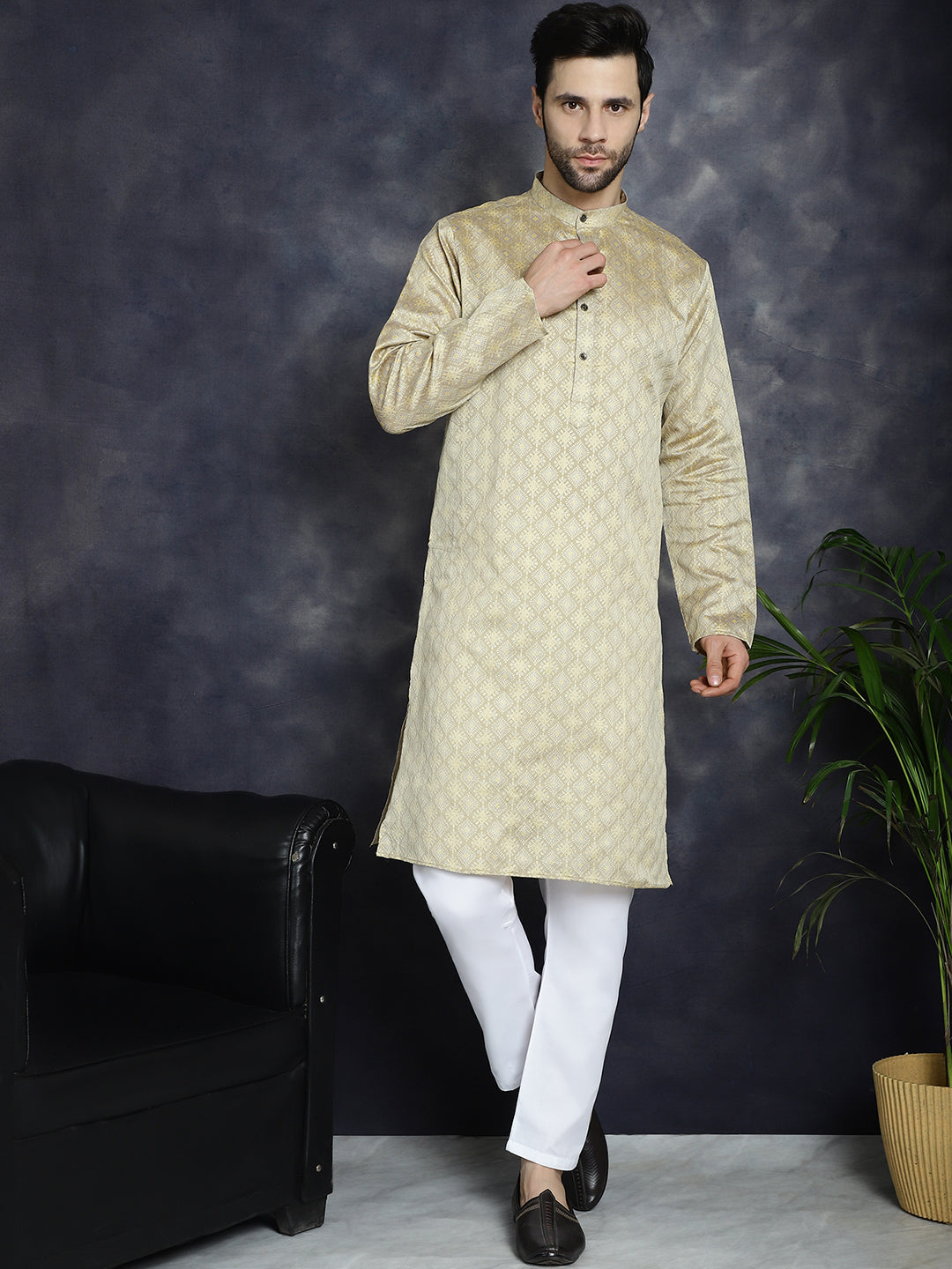 Jompers Men's Beige Woven Design Kurta with Pyjama - Beige | Grocsy