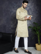 Jompers Men's Beige Woven Design Kurta with Pyjama - Beige | Grocsy