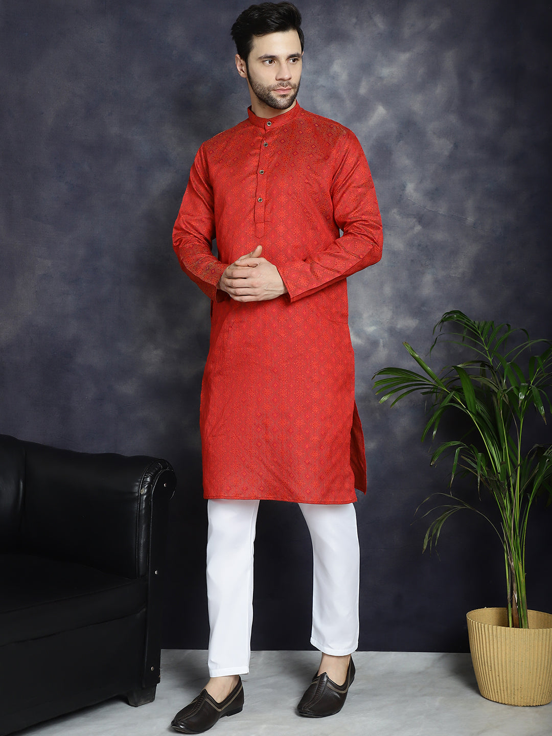 Jompers Men's Red Woven Design Kurta with Pyjama - Red | Grocsy