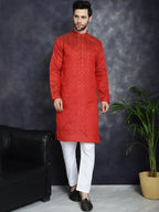Jompers Men's Red Woven Design Kurta with Pyjama - Red | Grocsy