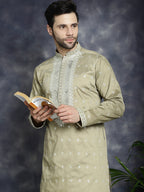 Jompers Men's Sequins Embroidered Kurta Pyjama Set - Beige | Grocsy