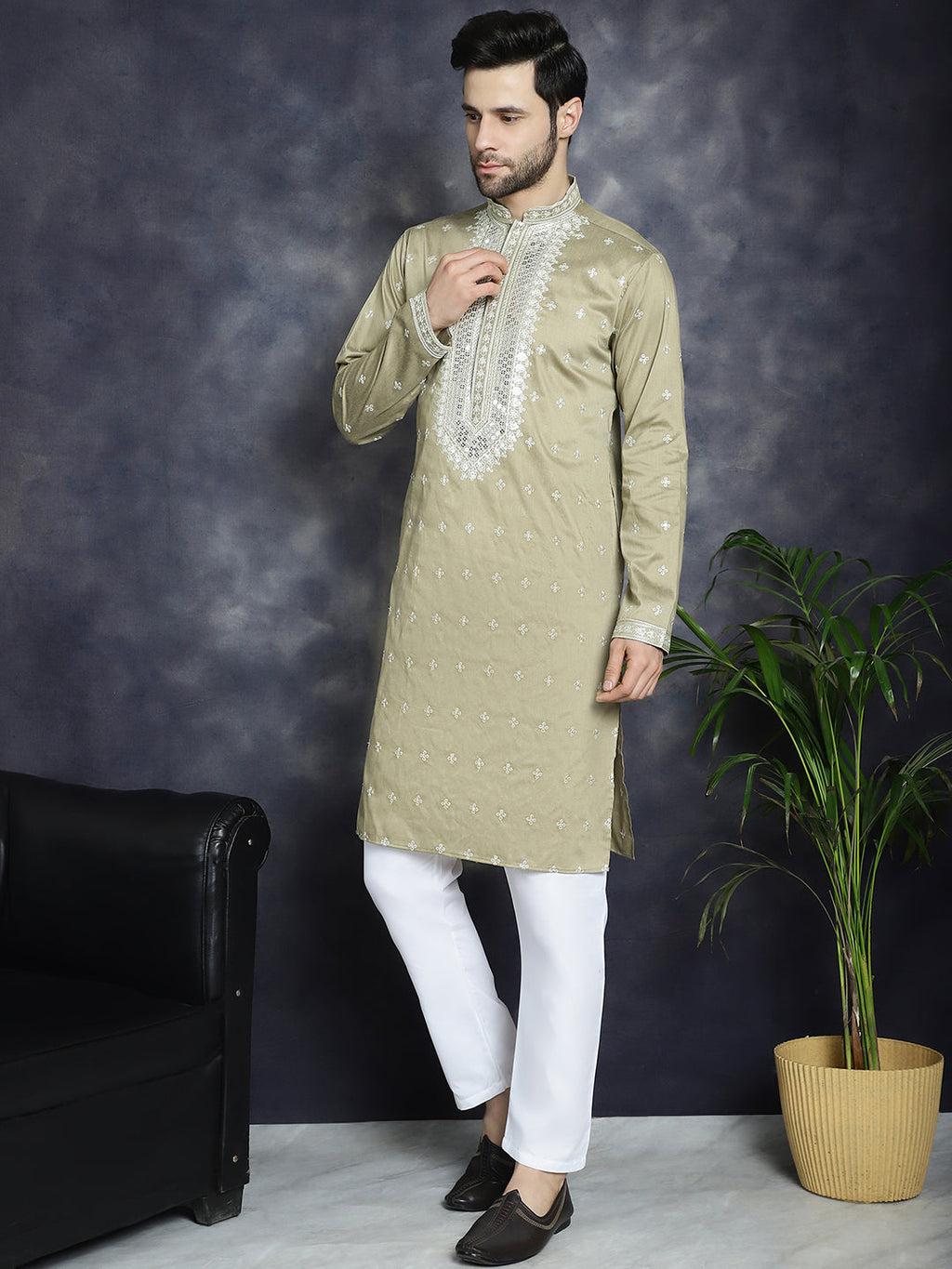 Jompers Men's Sequins Embroidered Kurta Pyjama Set - Beige | Grocsy