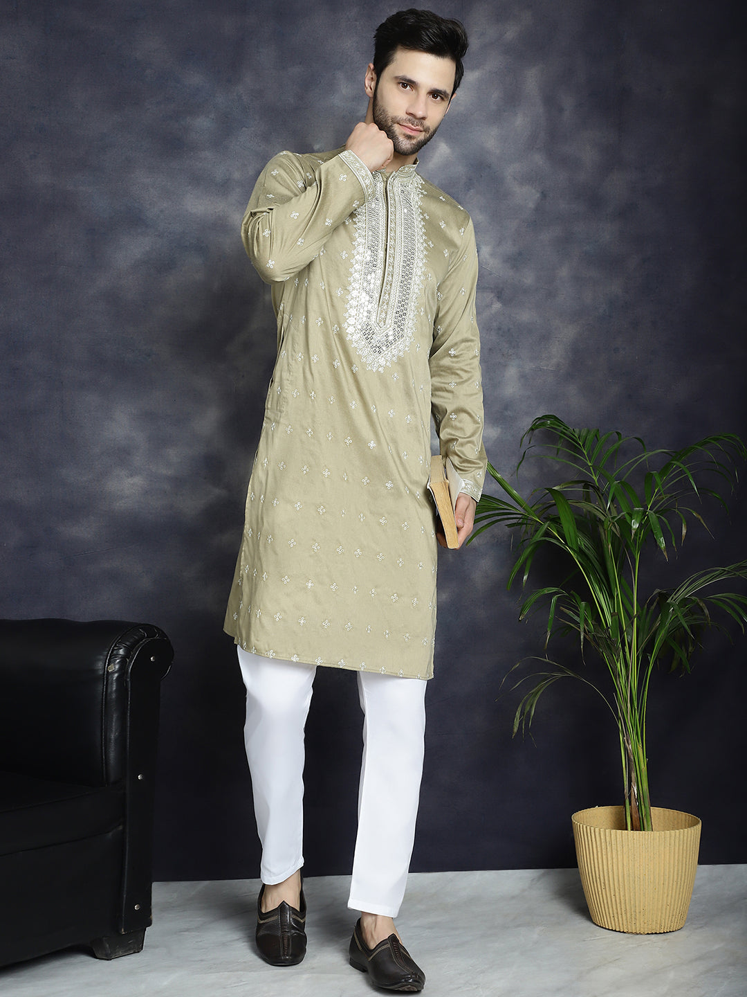 Jompers Men's Sequins Embroidered Kurta Pyjama Set - Beige | Grocsy