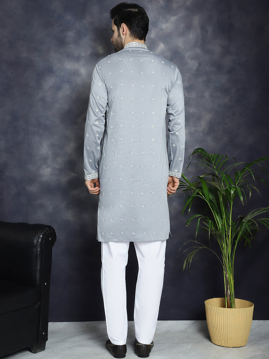 Jompers Men's Sequins Embroidered Kurta Pyjama Set - Grey | Grocsy