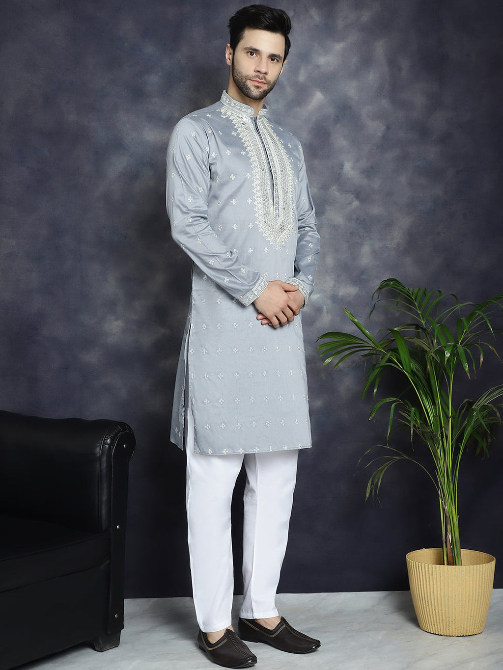 Jompers Men's Sequins Embroidered Kurta Pyjama Set - Grey | Grocsy