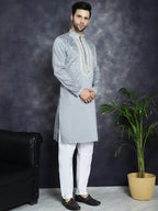 Jompers Men's Sequins Embroidered Kurta Pyjama Set - Grey | Grocsy