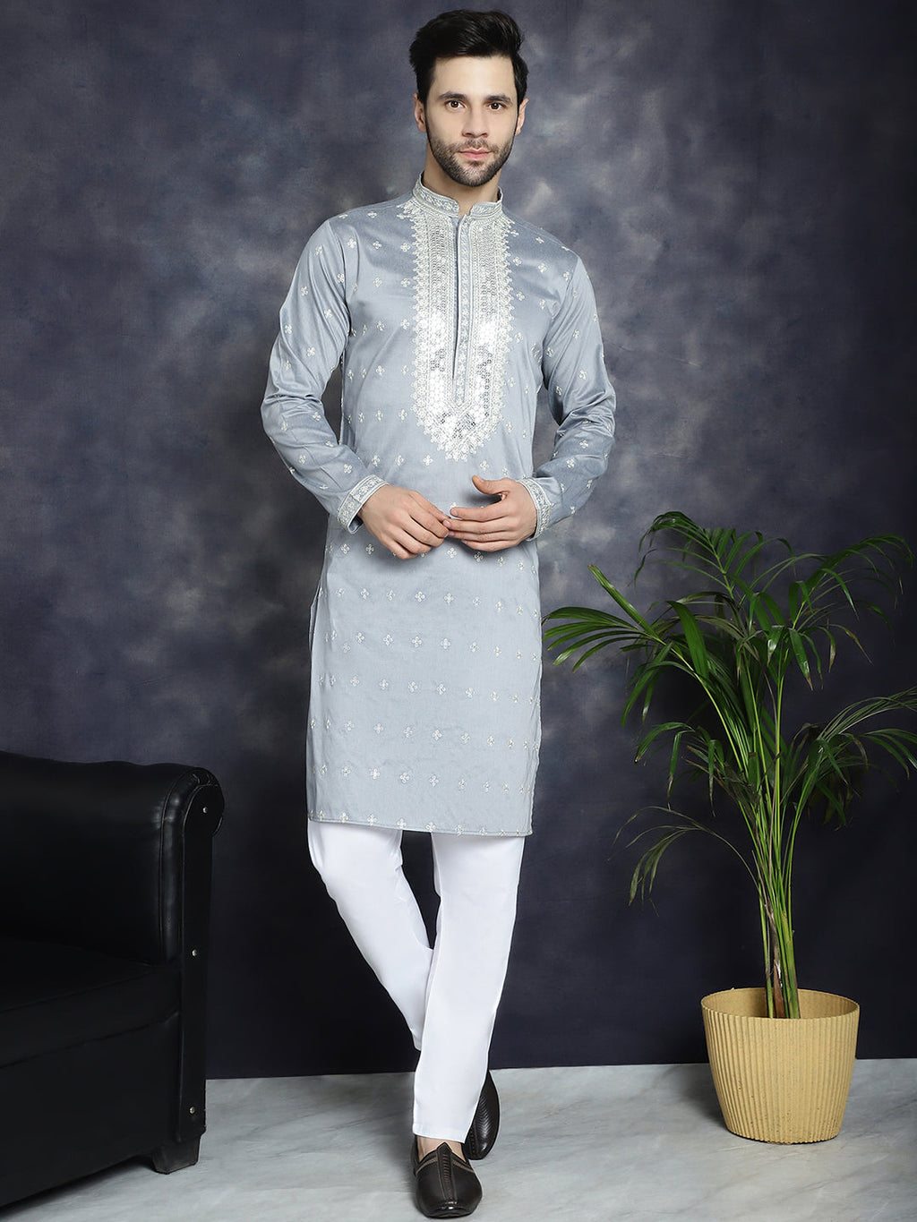 Jompers Men's Sequins Embroidered Kurta Pyjama Set - Grey | Grocsy