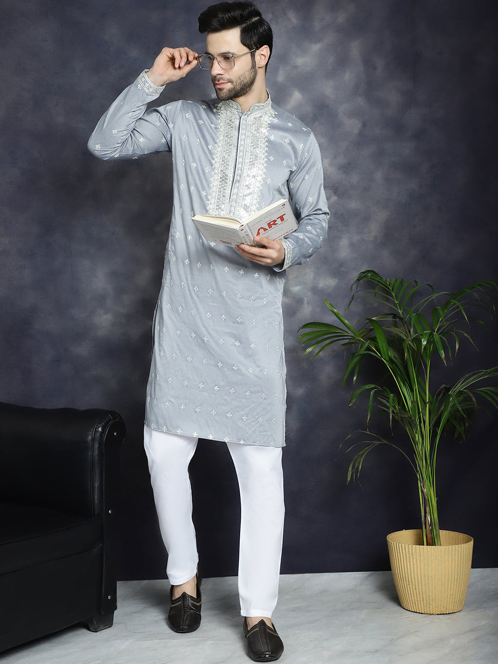 Jompers Men's Sequins Embroidered Kurta Pyjama Set - Grey | Grocsy