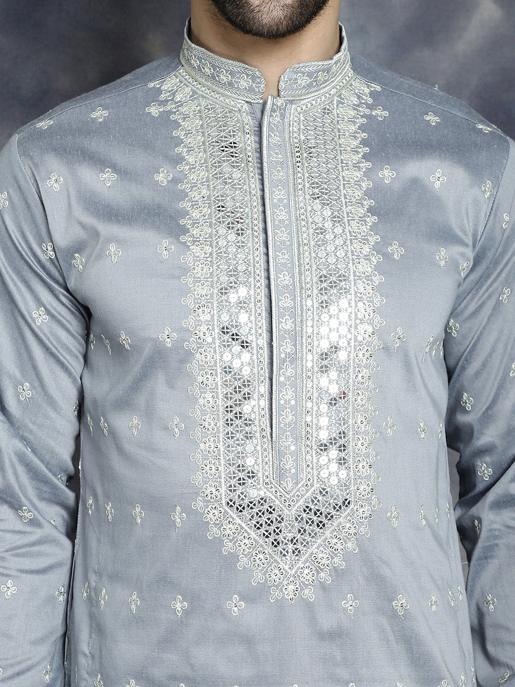 Jompers Men's Sequins Embroidered Kurta Pyjama Set - Grey | Grocsy