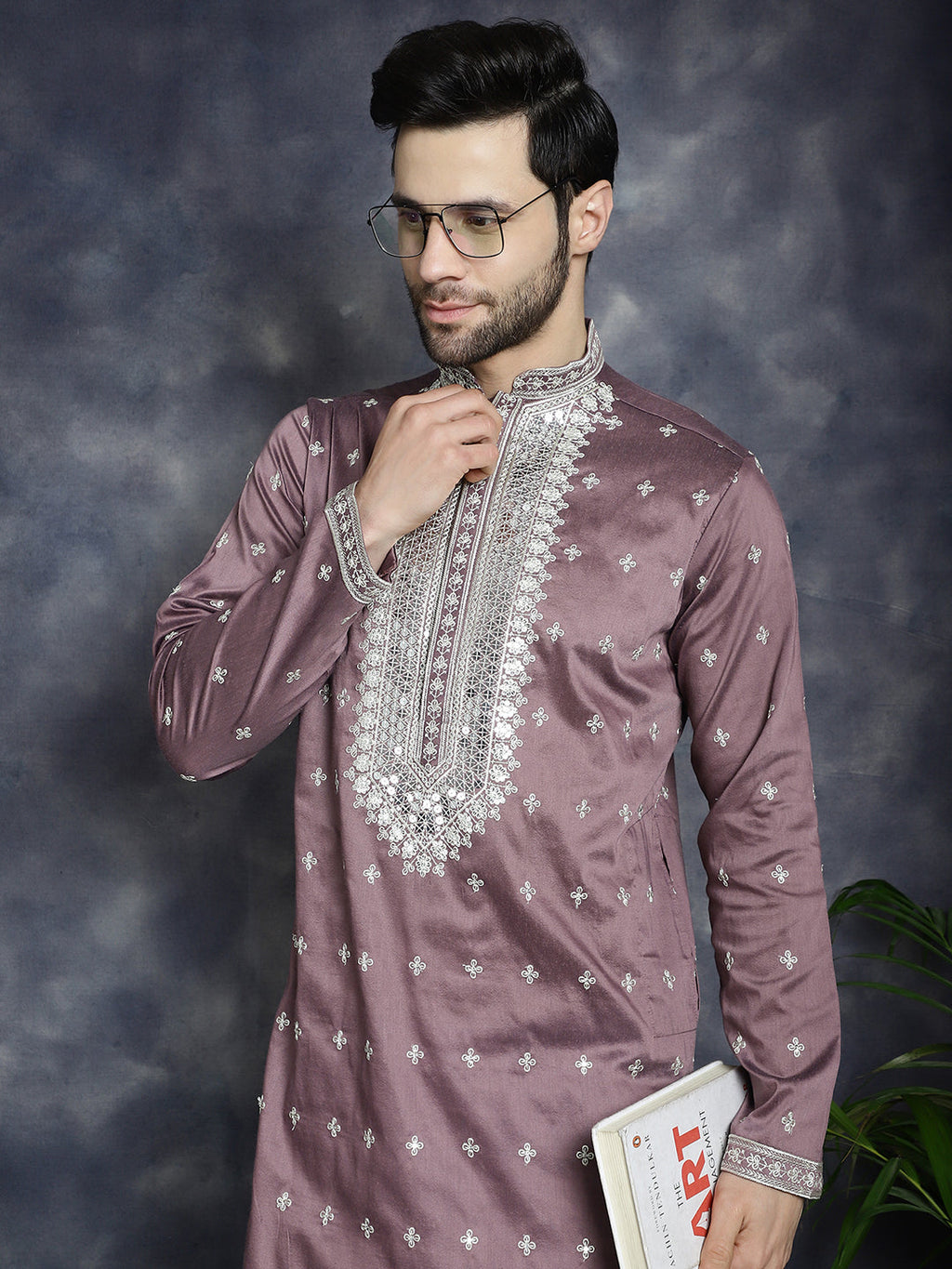 Jompers Men's Sequins Embroidered Kurta Pyjama Set - Megenta | Grocsy