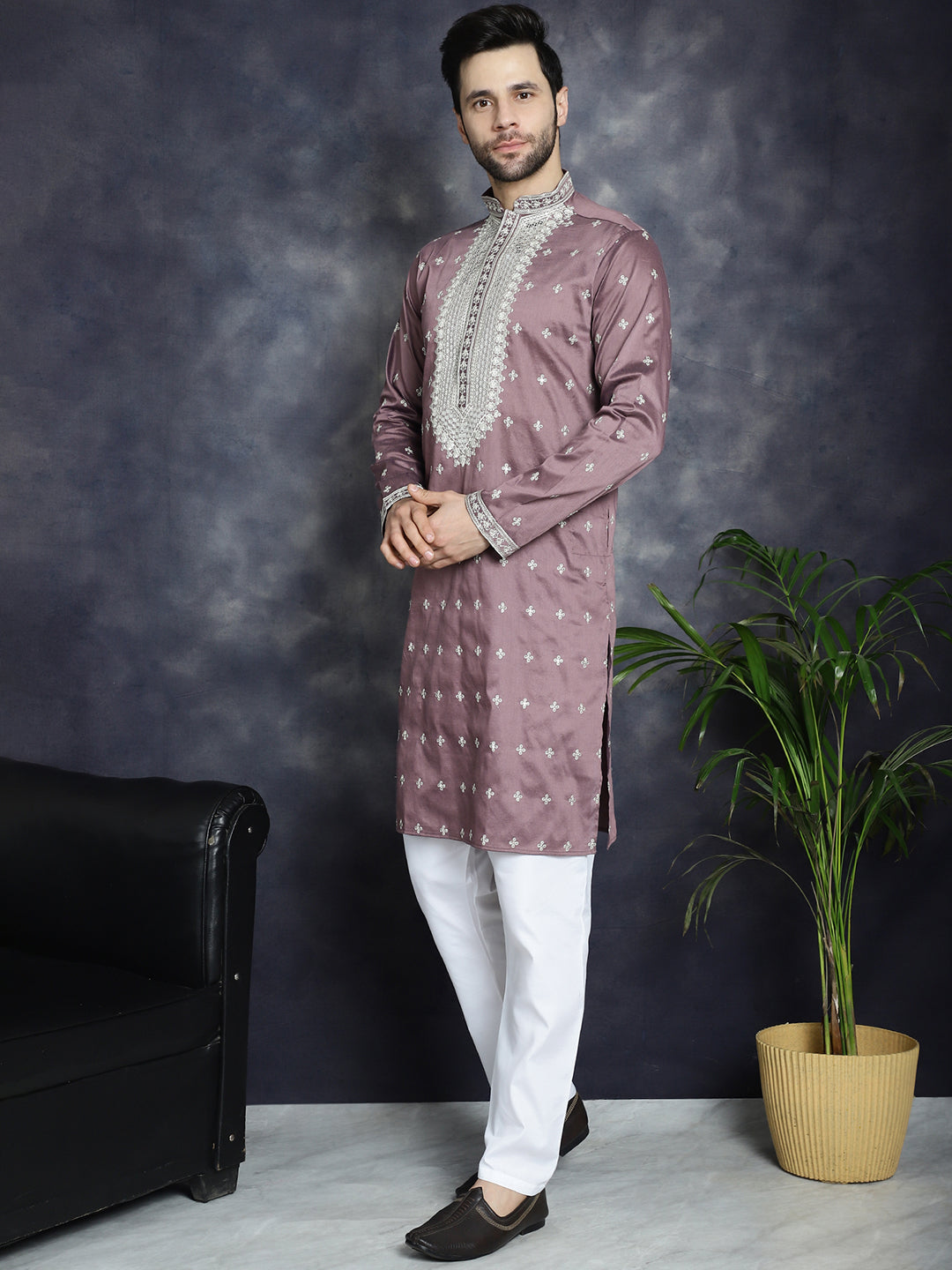 Jompers Men's Sequins Embroidered Kurta Pyjama Set - Megenta | Grocsy