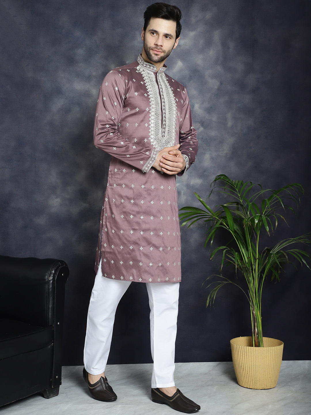 Jompers Men's Sequins Embroidered Kurta Pyjama Set - Megenta | Grocsy