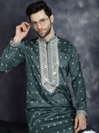 Jompers Men's Sequins Embroidered Kurta Pyjama Set - Olive | Grocsy