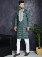 Jompers Men's Sequins Embroidered Kurta Pyjama Set - Olive | Grocsy