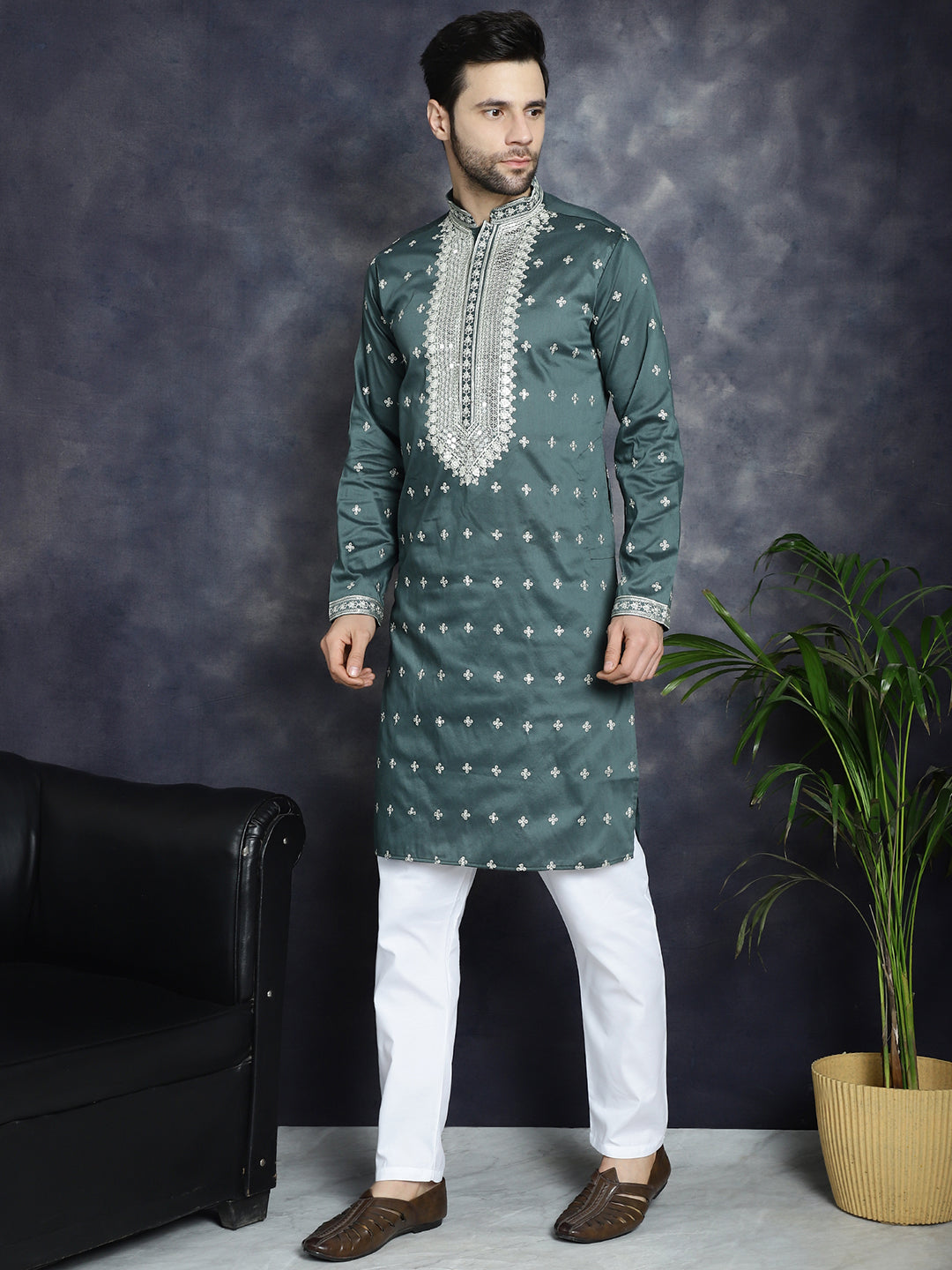 Jompers Men's Sequins Embroidered Kurta Pyjama Set - Olive | Grocsy