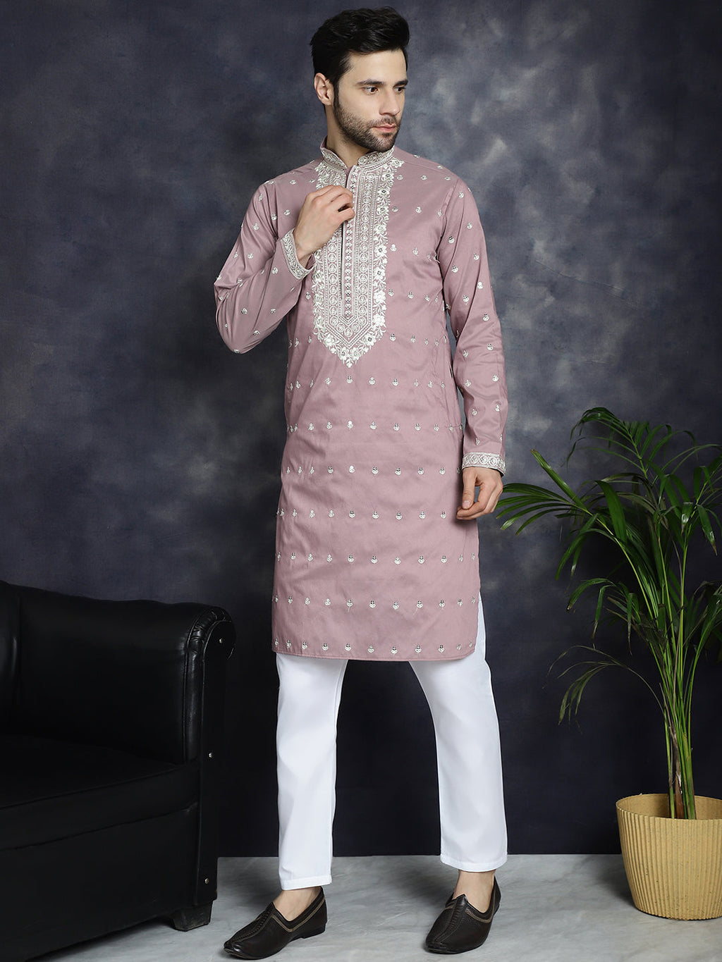 Jompers Men's Chikankari Embroidered Kurta Pyjama Set - Magenta | Grocsy