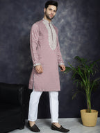 Jompers Men's Chikankari Embroidered Kurta Pyjama Set - Magenta | Grocsy
