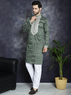 Jompers Men's Chikankari Embroidered Kurta Pyjama Set - Olive | Grocsy