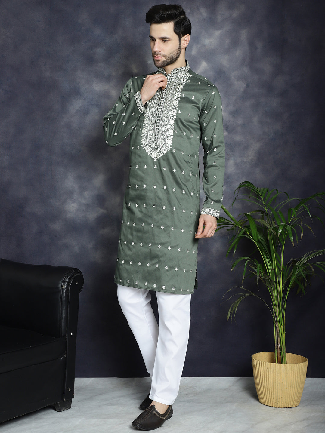 Jompers Men's Chikankari Embroidered Kurta Pyjama Set - Olive | Grocsy