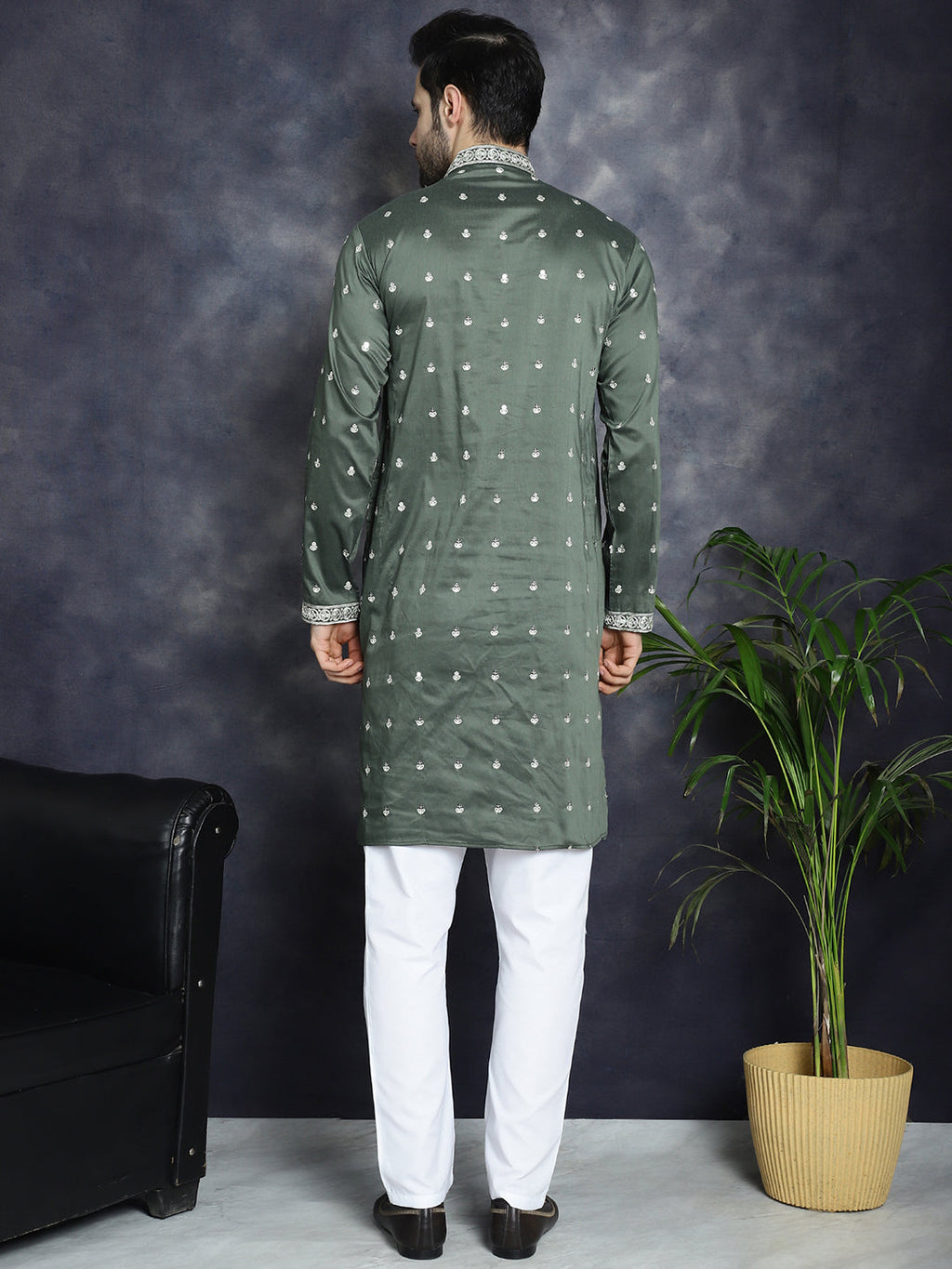 Jompers Men's Chikankari Embroidered Kurta Pyjama Set - Olive | Grocsy