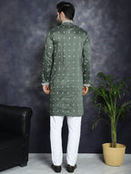 Jompers Men's Chikankari Embroidered Kurta Pyjama Set - Olive | Grocsy