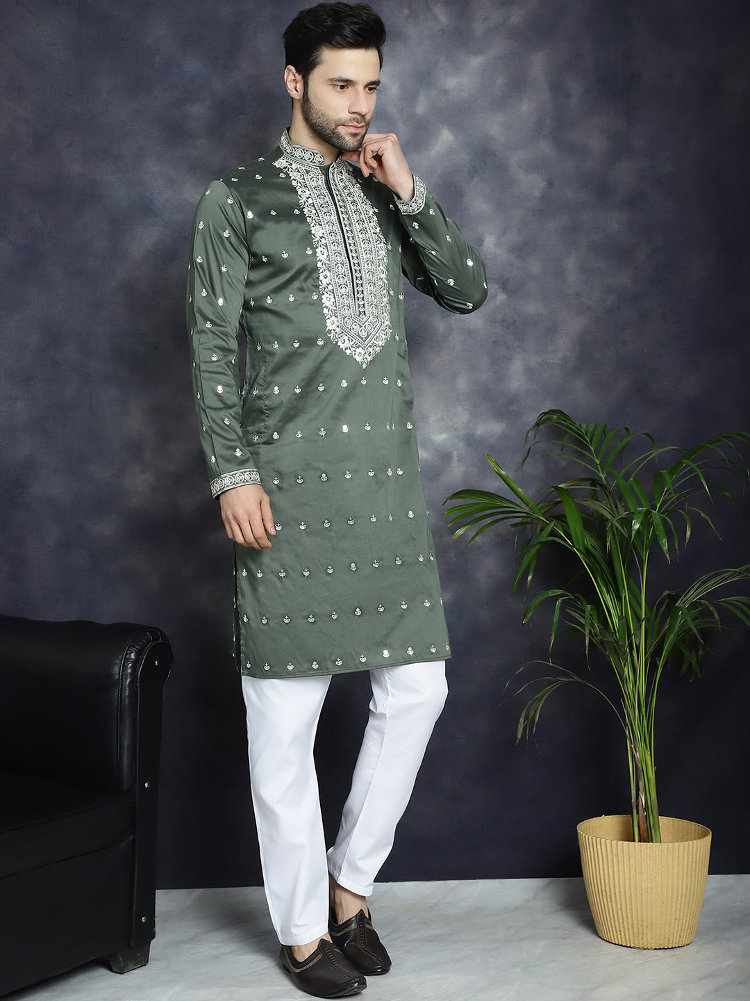 Jompers Men's Chikankari Embroidered Kurta Pyjama Set - Olive | Grocsy