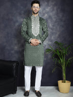 Jompers Men's Chikankari Embroidered Kurta Pyjama Set - Olive | Grocsy