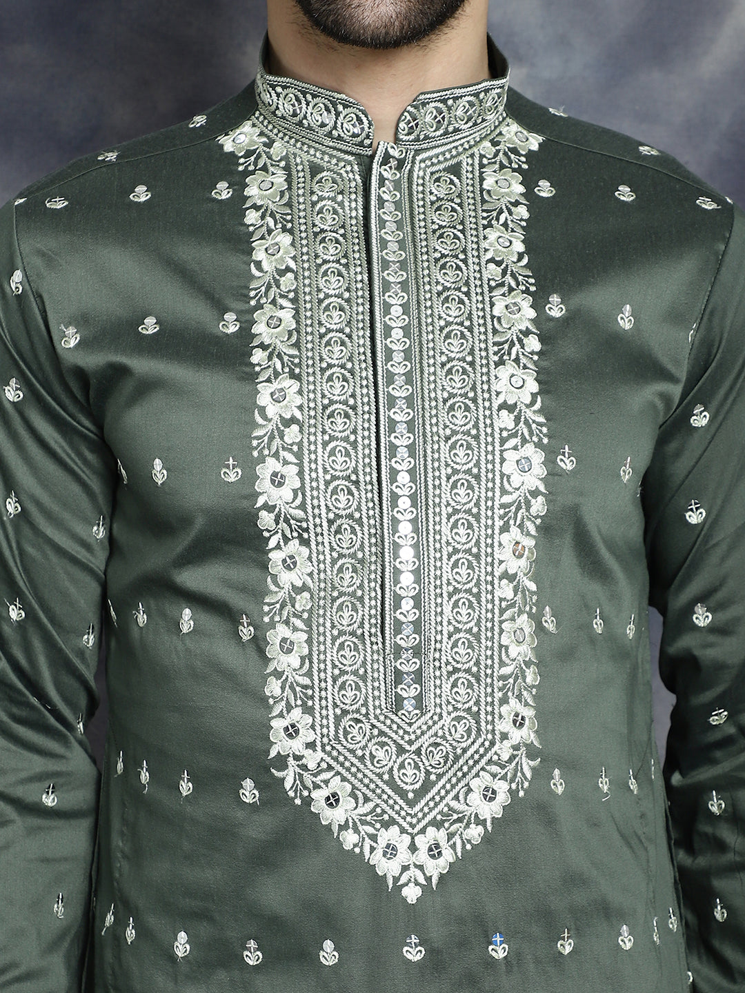 Jompers Men's Chikankari Embroidered Kurta Pyjama Set - Olive | Grocsy
