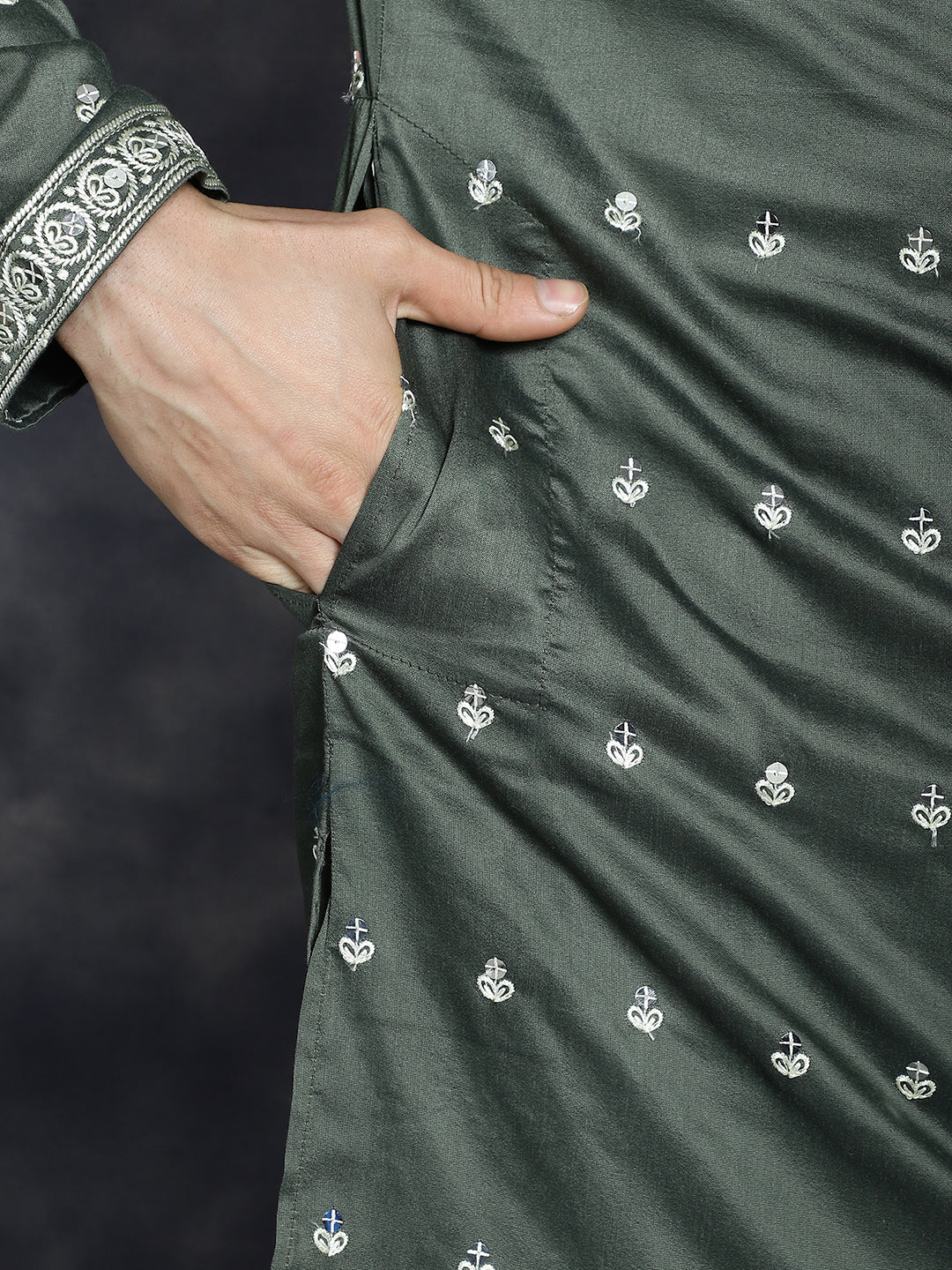 Jompers Men's Chikankari Embroidered Kurta Pyjama Set - Olive | Grocsy