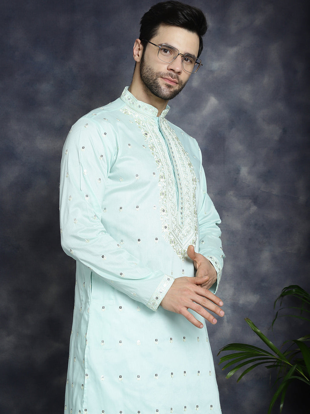 Jompers Men's Chikankari Embroidered Kurta Pyjama Set - Sky Blue | Grocsy