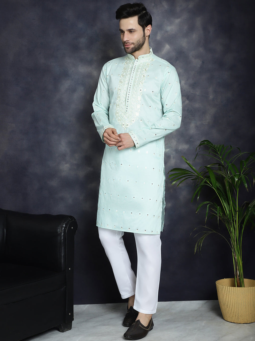 Jompers Men's Chikankari Embroidered Kurta Pyjama Set - Sky Blue | Grocsy