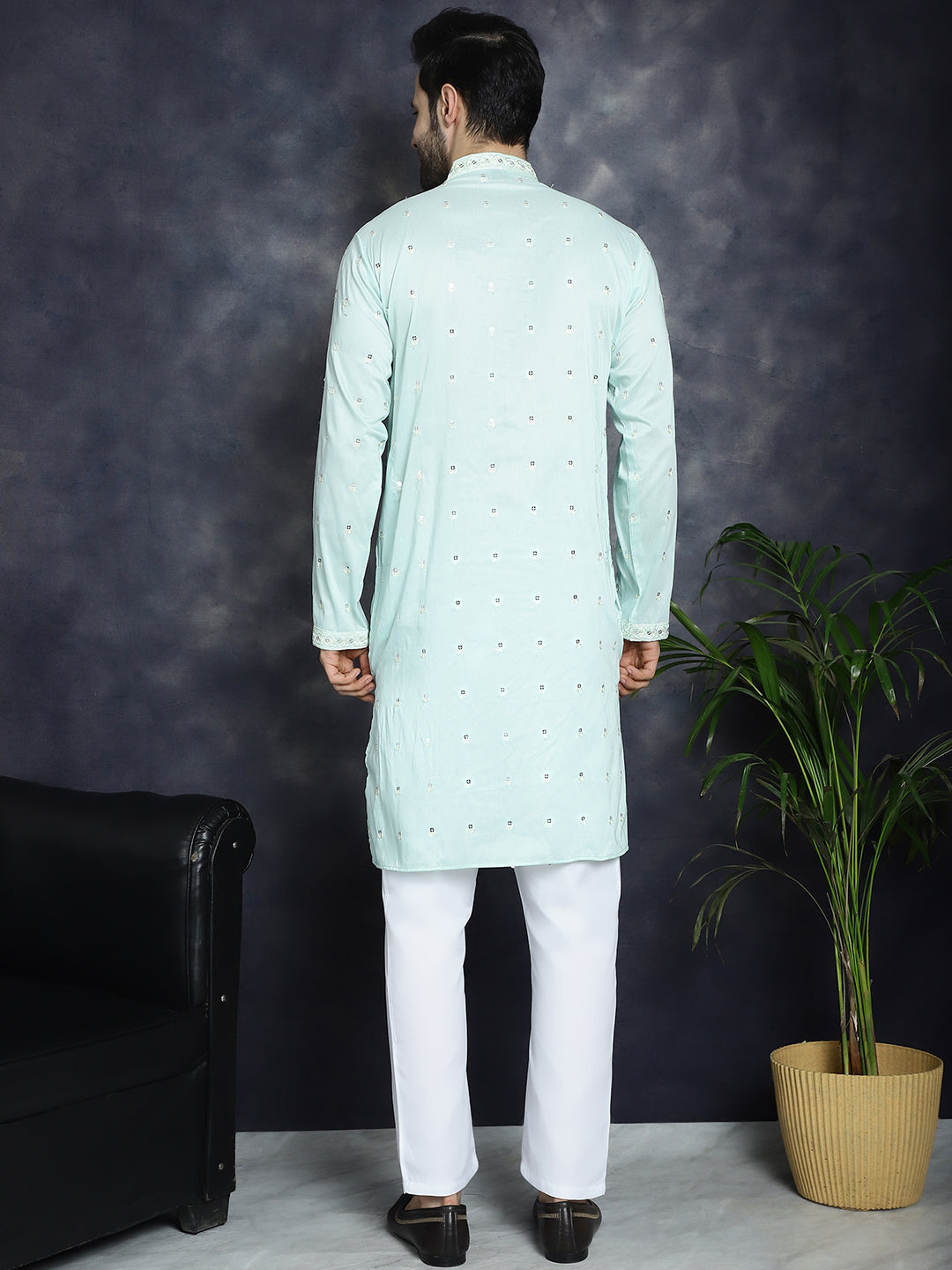 Jompers Men's Chikankari Embroidered Kurta Pyjama Set - Sky Blue | Grocsy