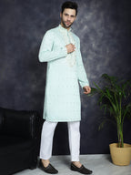 Jompers Men's Chikankari Embroidered Kurta Pyjama Set - Sky Blue | Grocsy