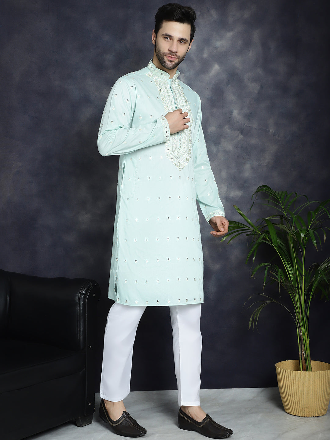 Jompers Men's Chikankari Embroidered Kurta Pyjama Set - Sky Blue | Grocsy