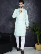 Jompers Men's Chikankari Embroidered Kurta Pyjama Set - Sky Blue | Grocsy