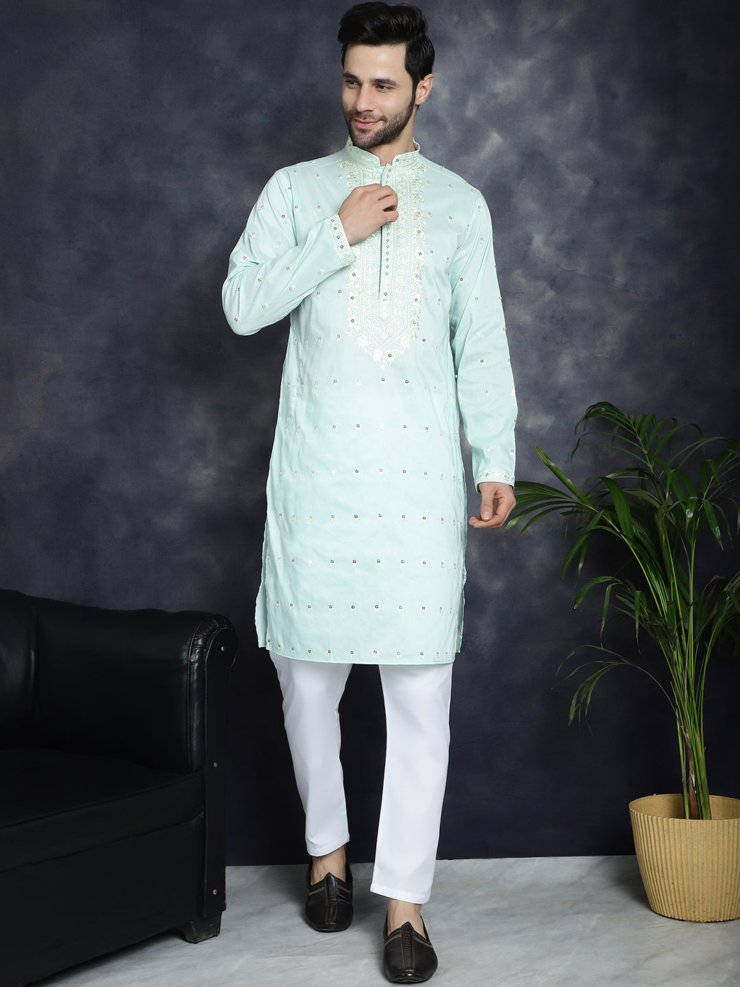 Jompers Men's Chikankari Embroidered Kurta Pyjama Set - Sky Blue | Grocsy