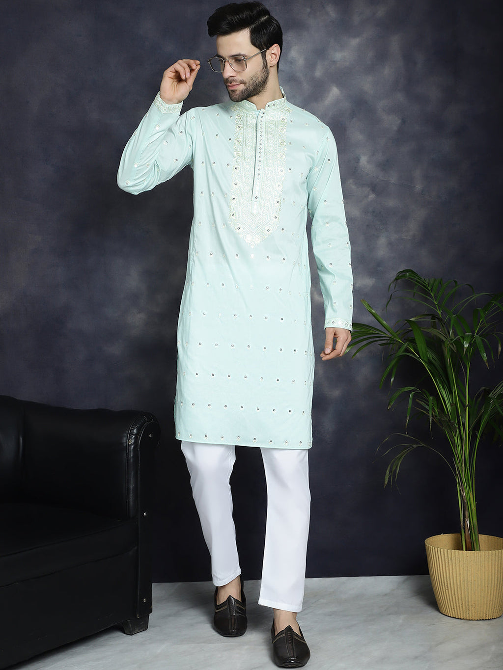 Jompers Men's Chikankari Embroidered Kurta Pyjama Set - Sky Blue | Grocsy