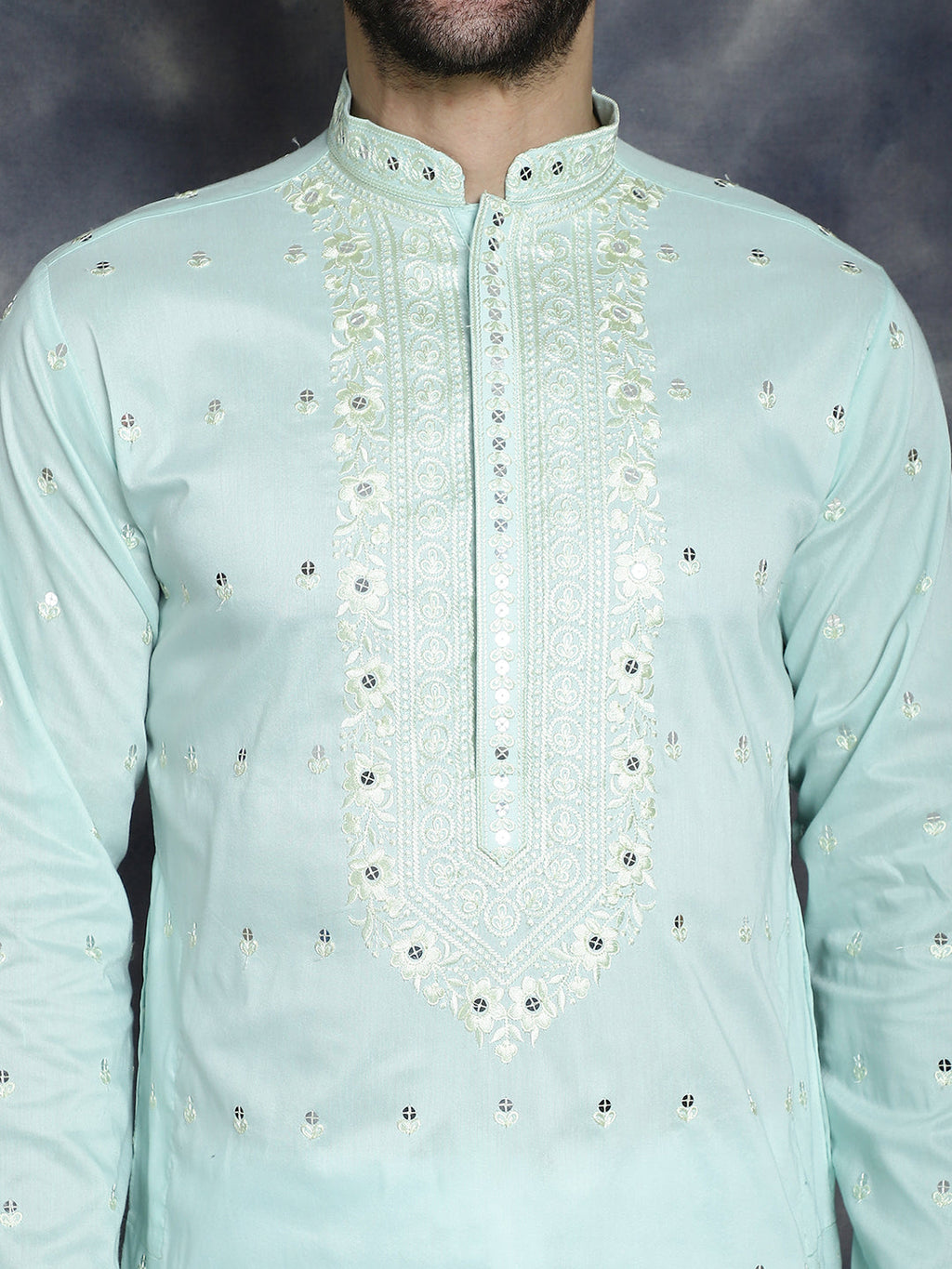 Jompers Men's Chikankari Embroidered Kurta Pyjama Set - Sky Blue | Grocsy