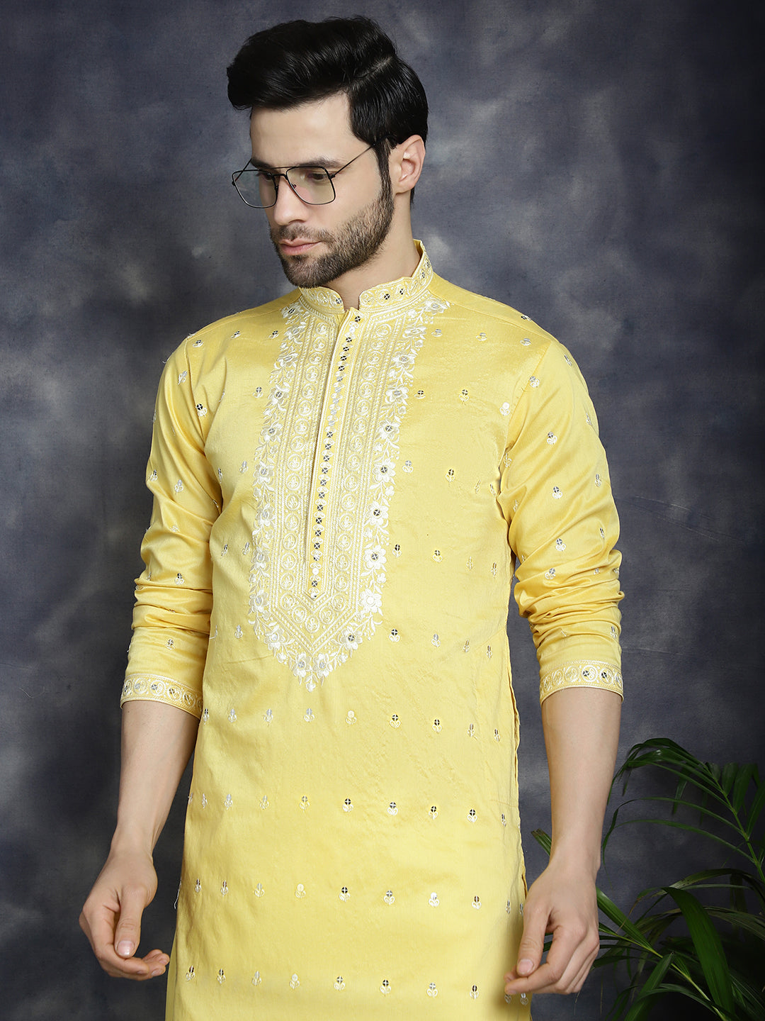 Jompers Men's Chikankari Embroidered Kurta Pyjama Set - Yellow | Grocsy