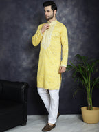 Jompers Men's Chikankari Embroidered Kurta Pyjama Set - Yellow | Grocsy