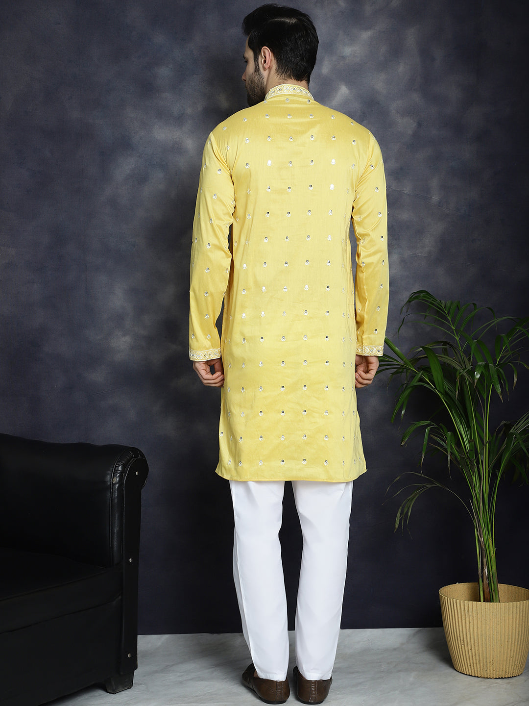 Jompers Men's Chikankari Embroidered Kurta Pyjama Set - Yellow | Grocsy