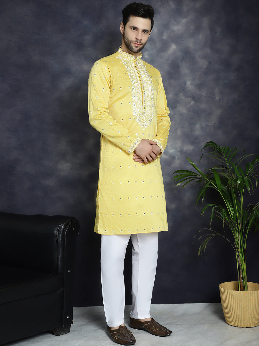 Jompers Men's Chikankari Embroidered Kurta Pyjama Set - Yellow | Grocsy