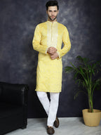 Jompers Men's Chikankari Embroidered Kurta Pyjama Set - Yellow | Grocsy
