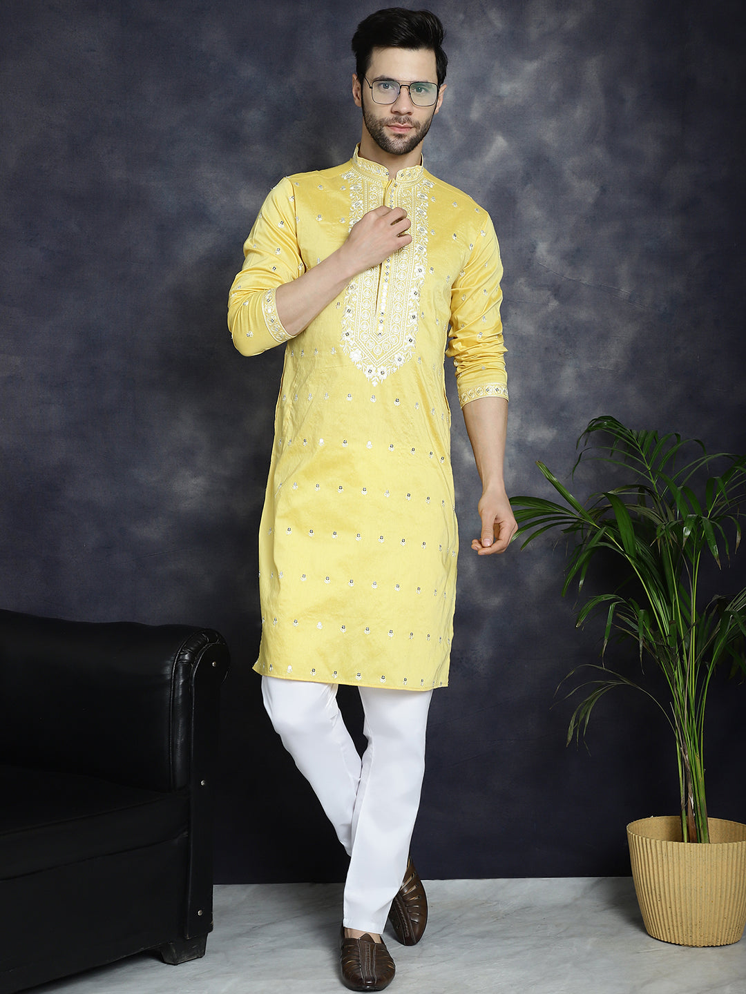 Jompers Men's Chikankari Embroidered Kurta Pyjama Set - Yellow | Grocsy