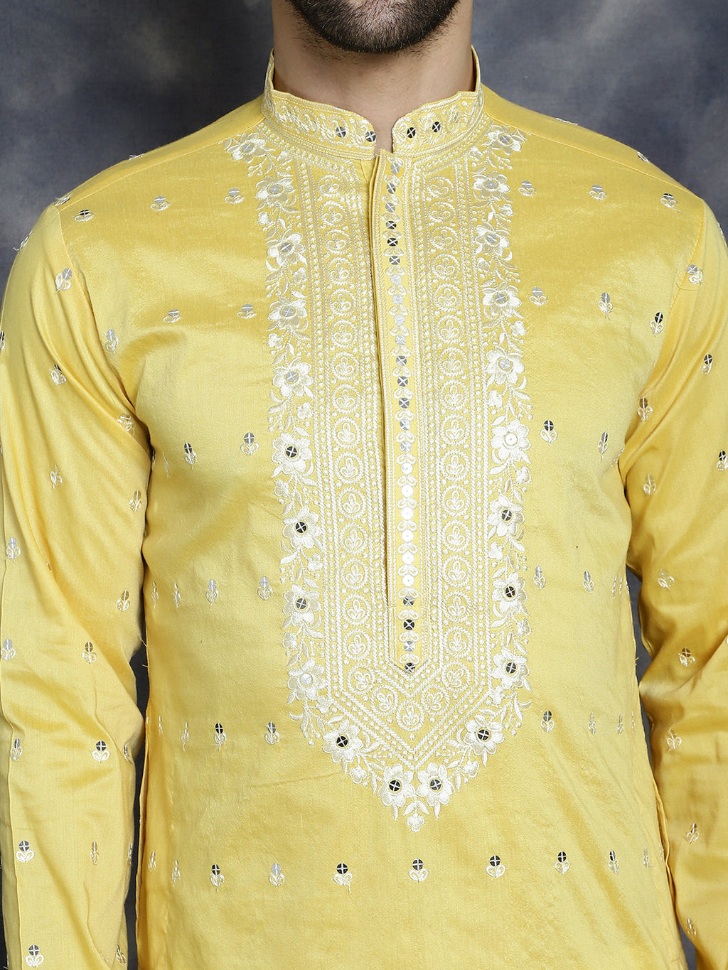 Jompers Men's Chikankari Embroidered Kurta Pyjama Set - Yellow | Grocsy