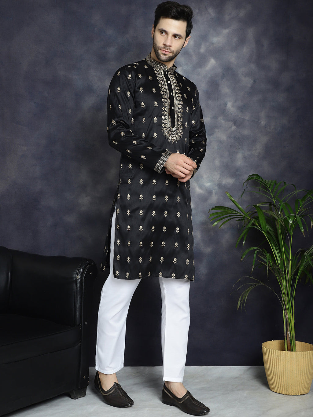 Jompers Men's Black Chikankari Embroidered Kurta With Pyjama | Grocsy
