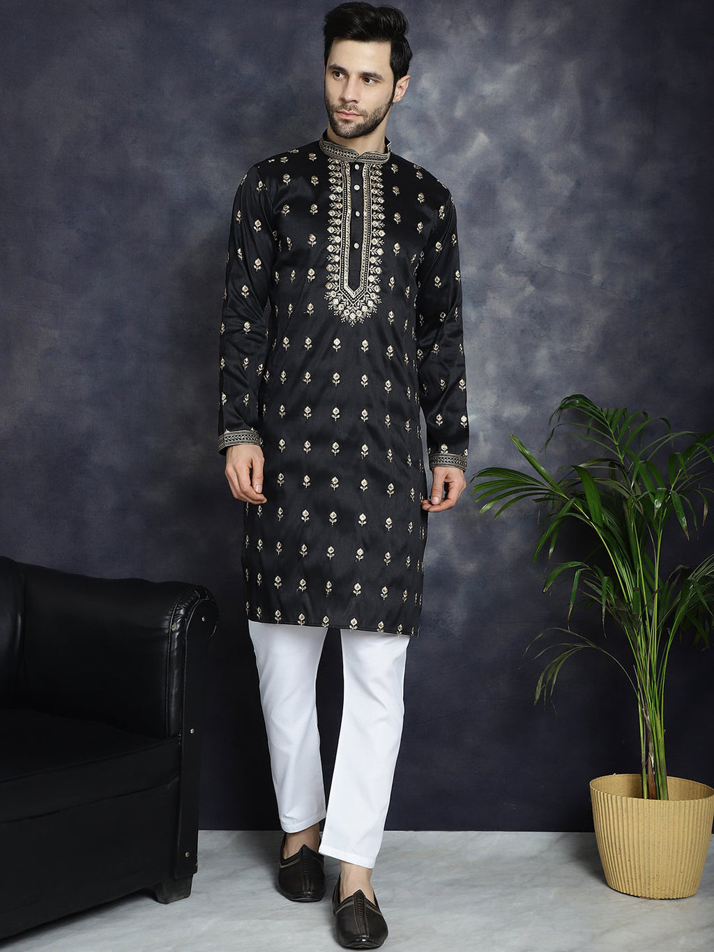 Jompers Men's Black Chikankari Embroidered Kurta With Pyjama | Grocsy