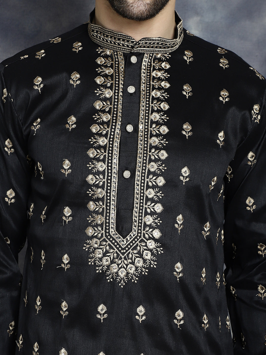 Jompers Men's Black Chikankari Embroidered Kurta With Pyjama | Grocsy