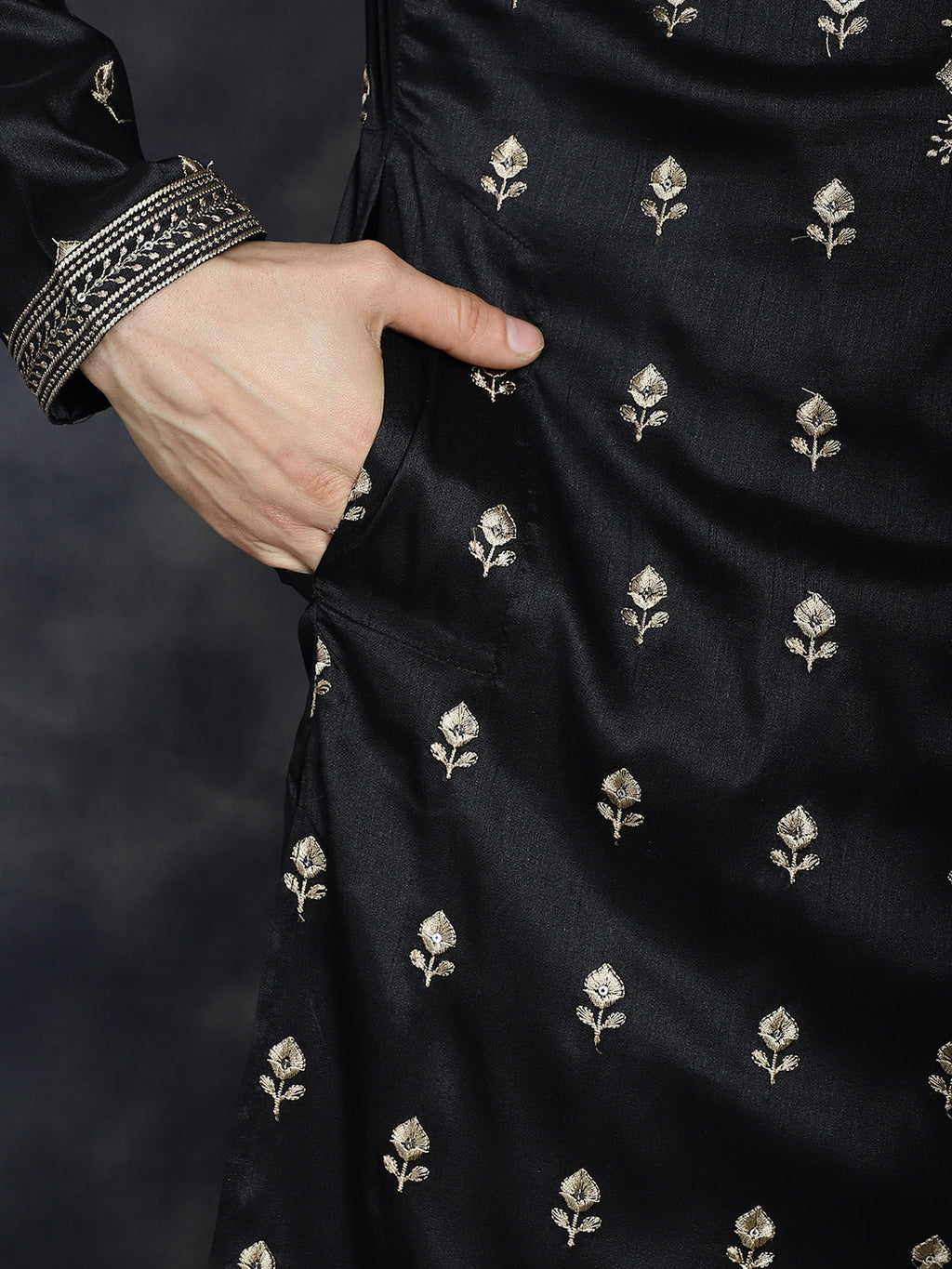 Jompers Men's Black Chikankari Embroidered Kurta With Pyjama | Grocsy